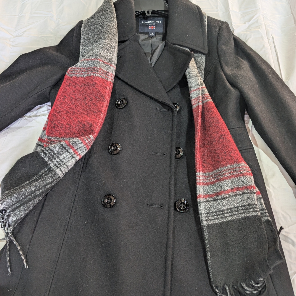 Black Double-Breasted Coat with Red and Gray Scarf